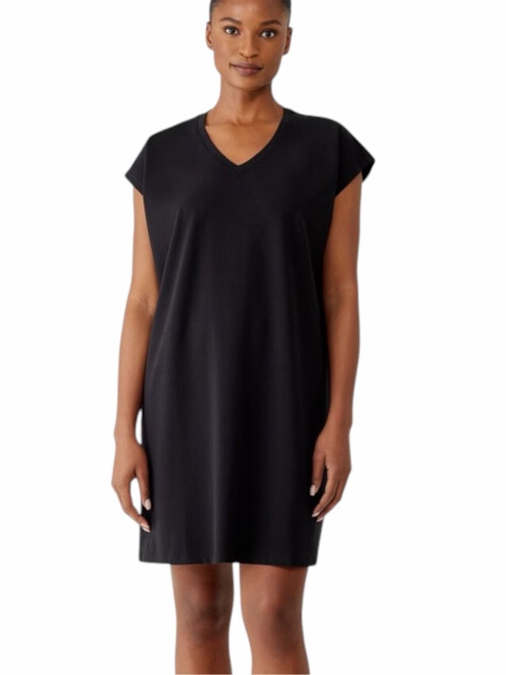 EILEEN FISHER Black Organic Cotton V-Neck Shift Dress 1X